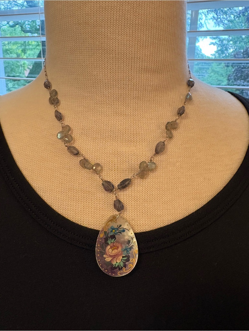 Handmade, One-of-Kind Painted Shell Pendant with Beaded Chain Necklace